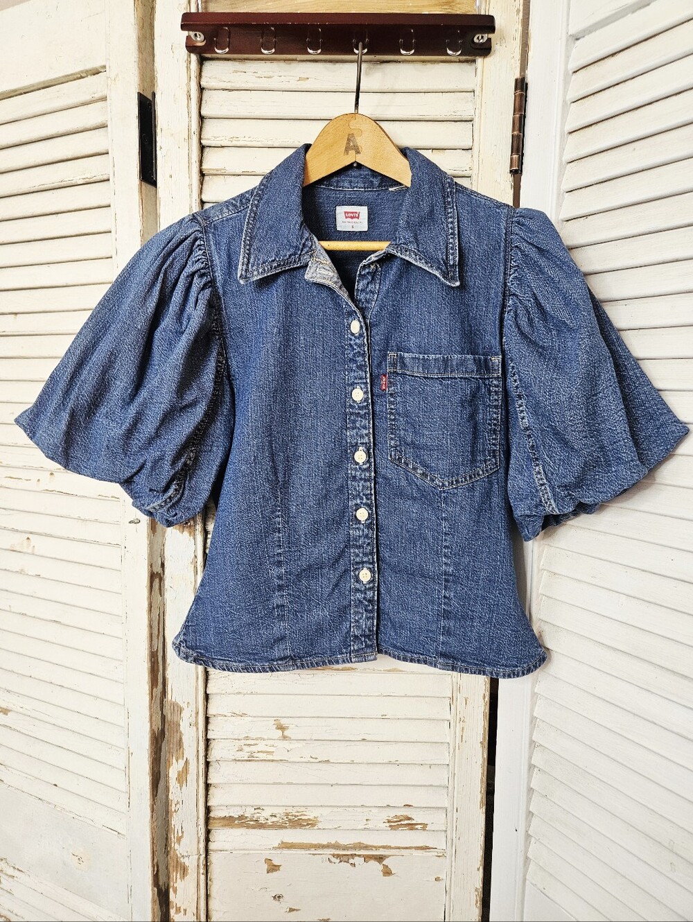 Levi's Roxy Cropped Tailored Bubble Puff Sleeve Blouse Mid Wash Denim Small